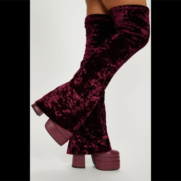 Good Will Unique Thigh High Wine Red Velvet Fold over Chunky Heel Platform Boots - Picture 9 of 10